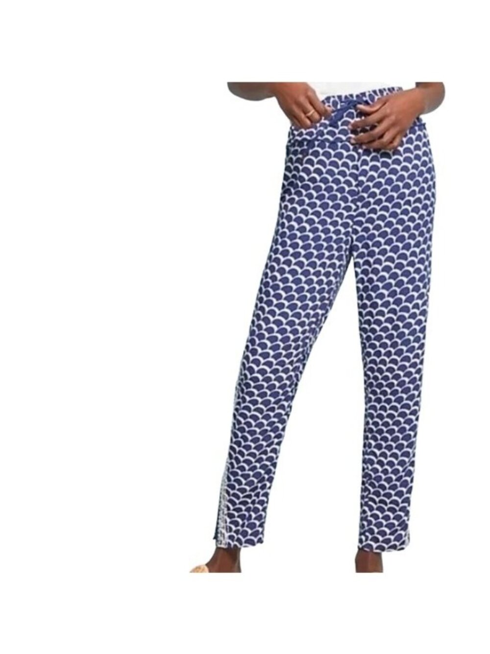 Anthropologie Blue Scalloped Print Sequin Beaded Sides Pull On Pants Size Small